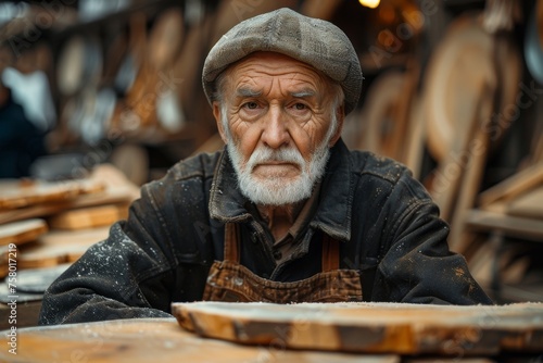 An elderly craftsman with a thoughtful expression  in a woodworking workshop surrounded by tools