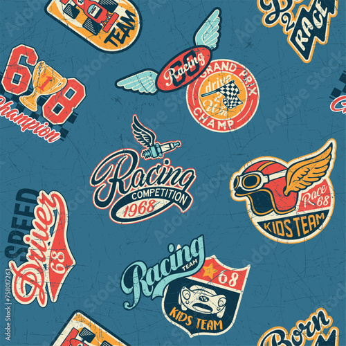 Kids racing team badges patchwork wallpaper vintage vector seamless pattern for children wear fabric shirt sweatshirt pajamas grunge effect in separate layer