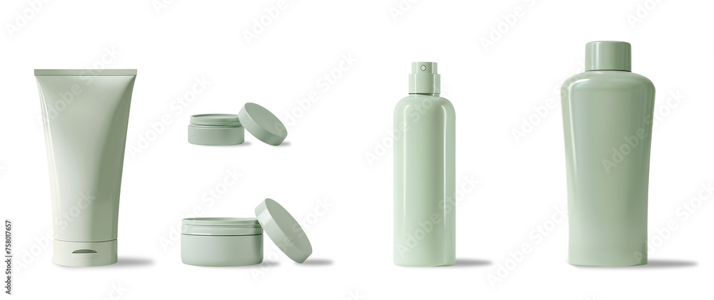 Set of skin care cosmetic products in light green color isolated - obrazy, fototapety, plakaty 