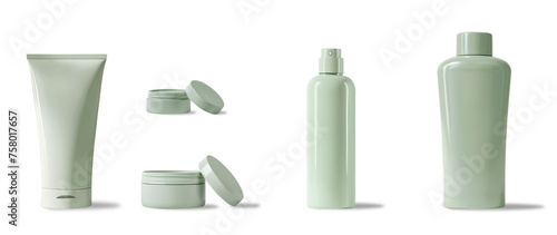 Set of skin care cosmetic products in light green color isolated