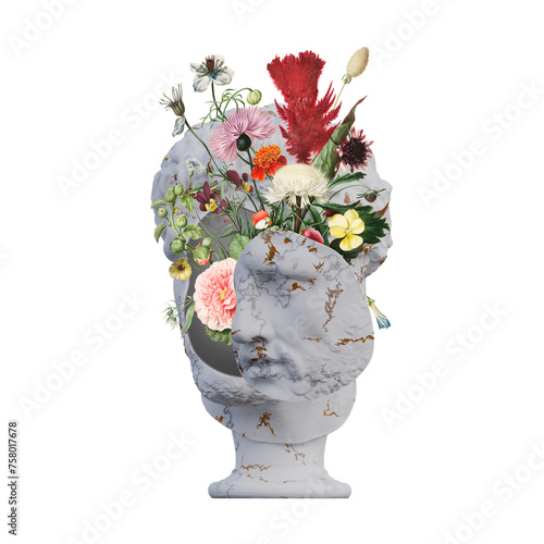 Vatican Apoxyomenos statues 3d render, collage with flower petals compositions for your work