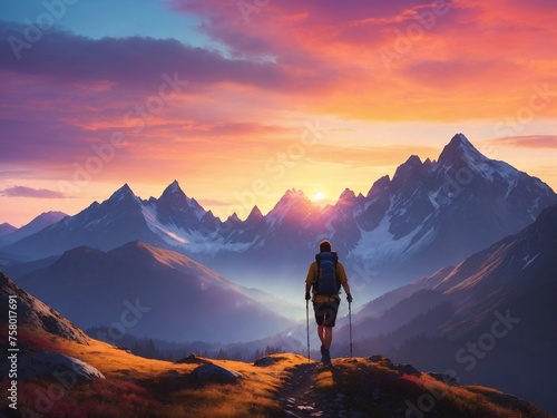 "Twilight Trek: Hiking Adventure in Mountain Sunset Glow"
