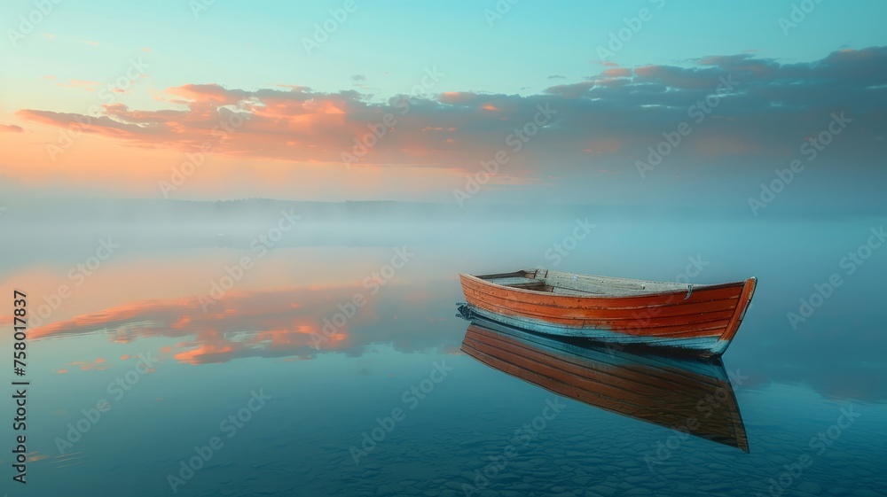 an old wooden fishing boat on a calm lake at dawn, mist rising off the water