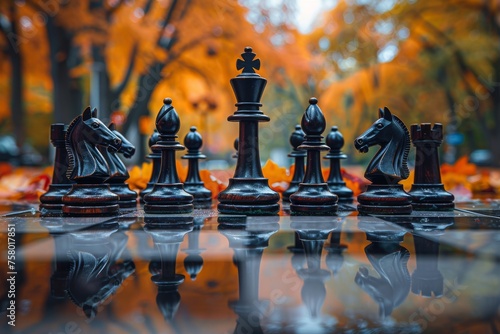 Elegant chess set strategically positioned on a reflective surface surrounded by vibrant autumn leaves adding contrast