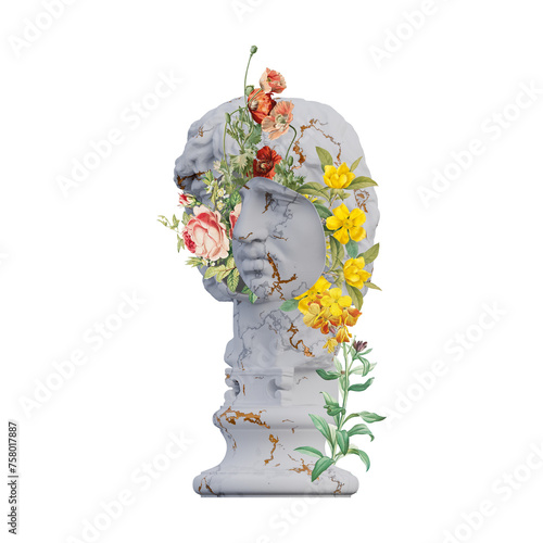 Barbarian Chief statues 3d render, collage with flower petals compositions for your work