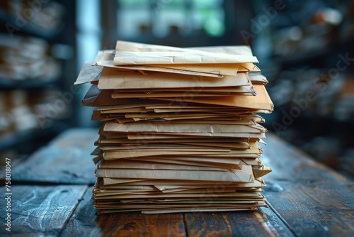 A high stack of old, worn brown paper envelopes on a wooden table, shot with intimate detail and depth of field