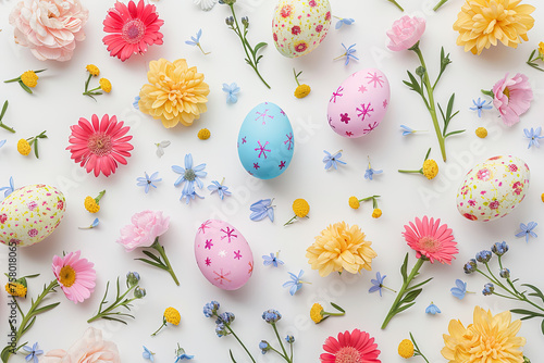 top view easter eggs and pastel flowers isolated on white background