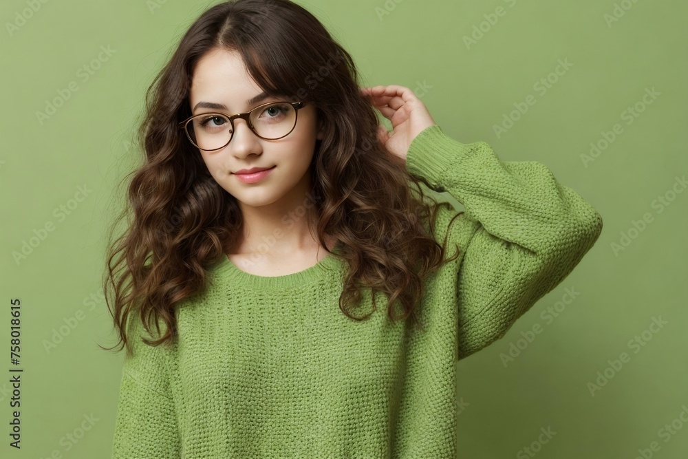 Fototapeta premium Young beautiful introverted woman with curly long hair, wearing a green sweater and glasses posing on a natural green background with copy space.