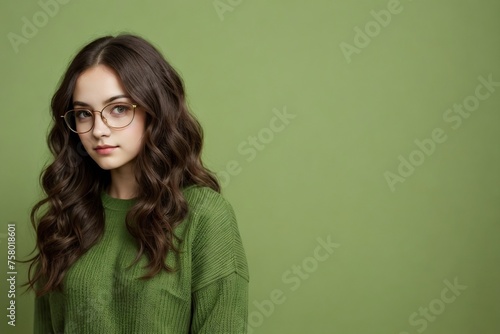 Young beautiful introverted woman with curly long hair, wearing a green sweater and glasses posing on a natural green background with copy space.