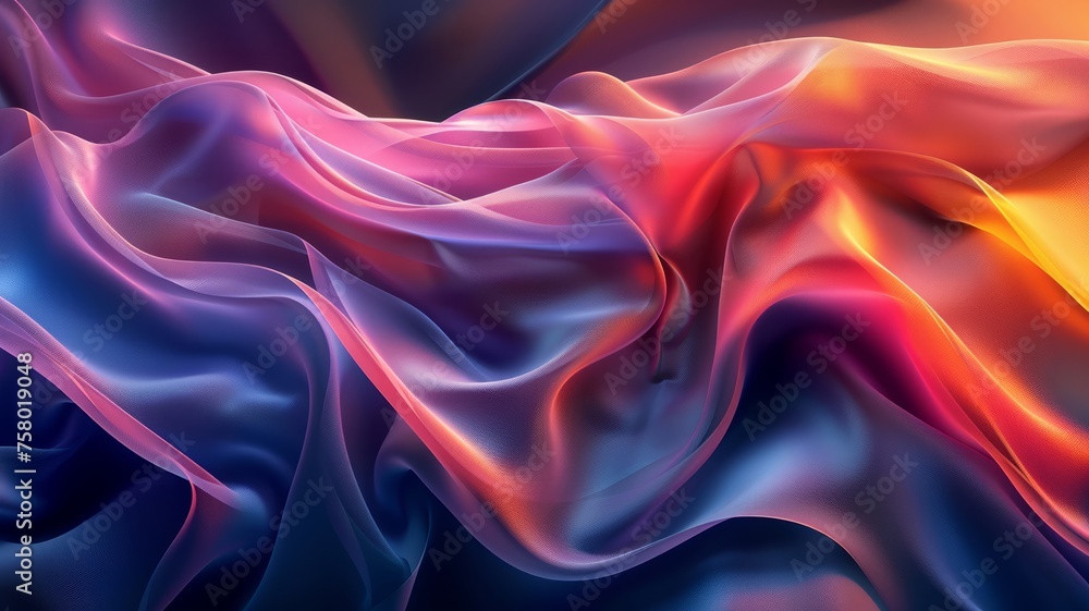 Craft a 3D portrayal of silk ribbons flowing in a breeze, with shades of twilight casting a peaceful glow on their undulations Craft a 3D portrayal of silk ribbons flowing in a breeze, with shades of twilight casting a peaceful glow on their undulations