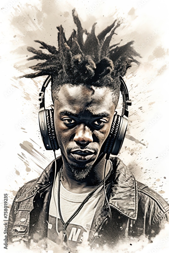 Rapper musician wearing headphones. Portrait style poster. Ai Generative Rapper musician wearing headphones. Portrait style poster. Ai Generative
