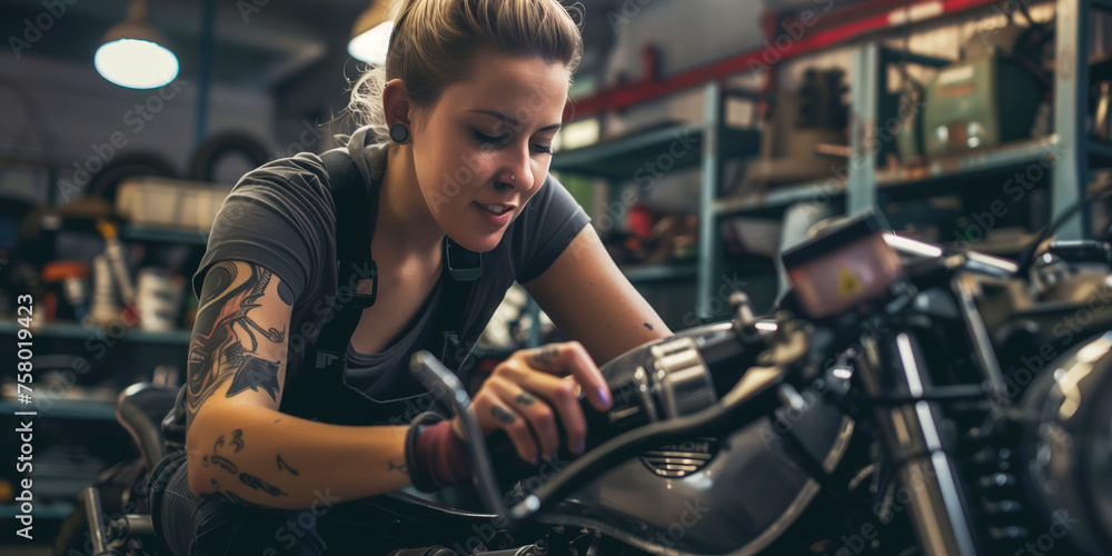 Zweiradmechatronikerin repariert ein Motorrad in der Werkstatt Zweiradmechatronikerin repariert ein Motorrad in der Werkstatt