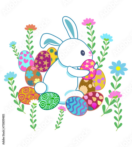 pink rabbit holding eggs Among the many cute colorful Easter eggs in the flower field