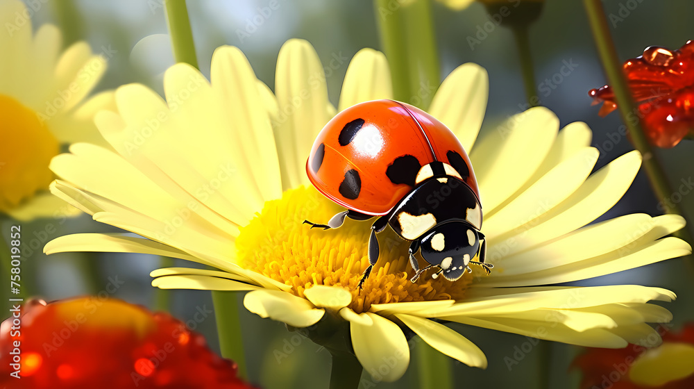 Ladybug on flower, a ladybug on background Ladybug on flower, a ladybug on background