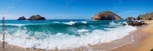 Tranquil coastal panorama capturing gentle waves lovingly embracing the shoreline photo