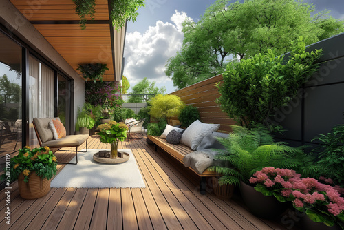 Balcony with terrace and wooden deck. 3d rendering