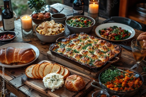 Hearty feast with a lasagna centerpiece among various other dishes set on a rustic wooden table