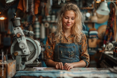 Attractive woman standing in a workshop with vintage tools and an apron, artisan occupation concept © Larisa AI