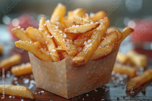 Deliciously seasoned French fries with sea salt  accompanied by ketchup in the background  showcasing a common comfort food