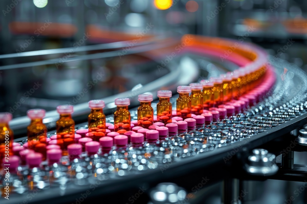 A high-resolution image capturing the precision and scale of a pharmaceutical production line with vibrant colored caps on medicine vials