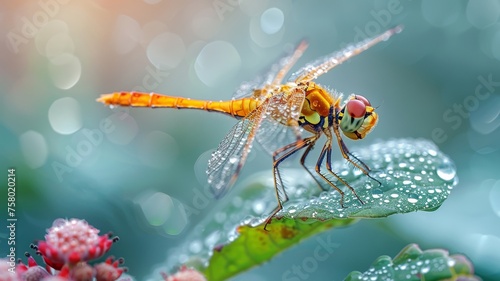 dragonfly on a dewy leaf, natural morning light