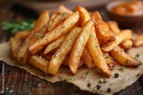 Detailed image of seasoned, crunchy French fries with visible salt crystals, placed on parchment on a wooden surface