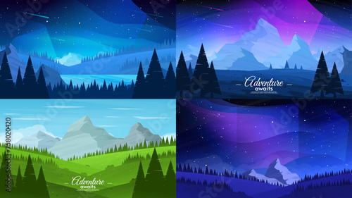 Set of aurora borealis landscape. Flat style design. Vector illustration. Design for wallpaper, banner, invitation. Beautiful mountains with hills and forest.