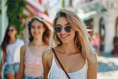 women wearing casual clothes walking in European city in the summer, candid, friends, sunny