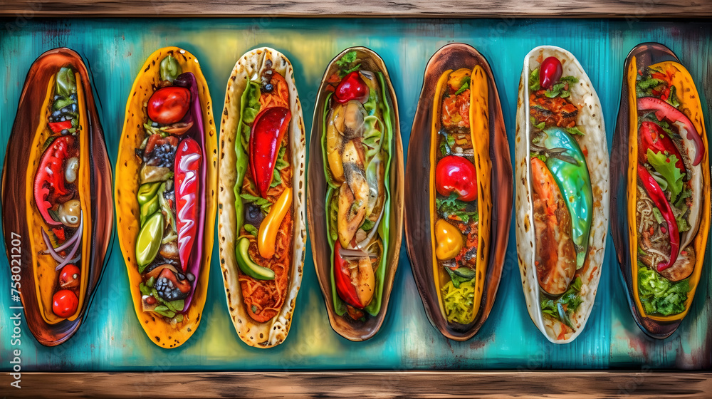 delicious meat tacos on wooden board - obrazy, fototapety, plakaty 