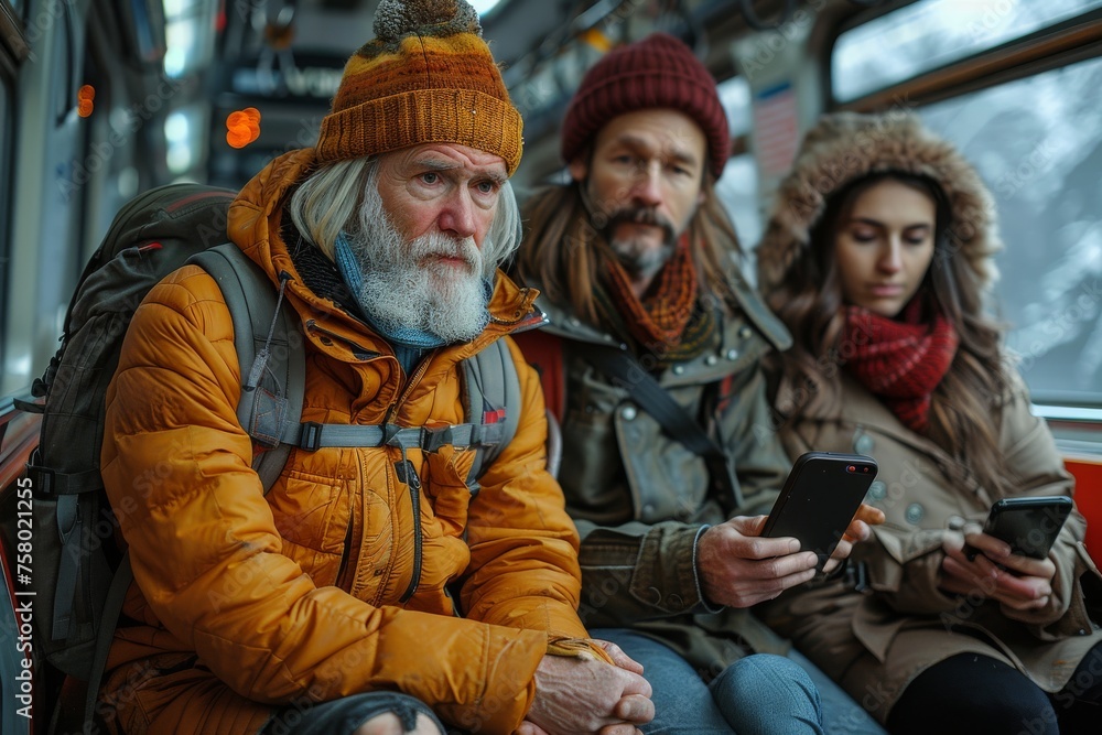 Three people riding public transportation, looking pensive, gazing in different