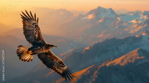 Majestic eagle soaring over mountain peaks at sunrise
