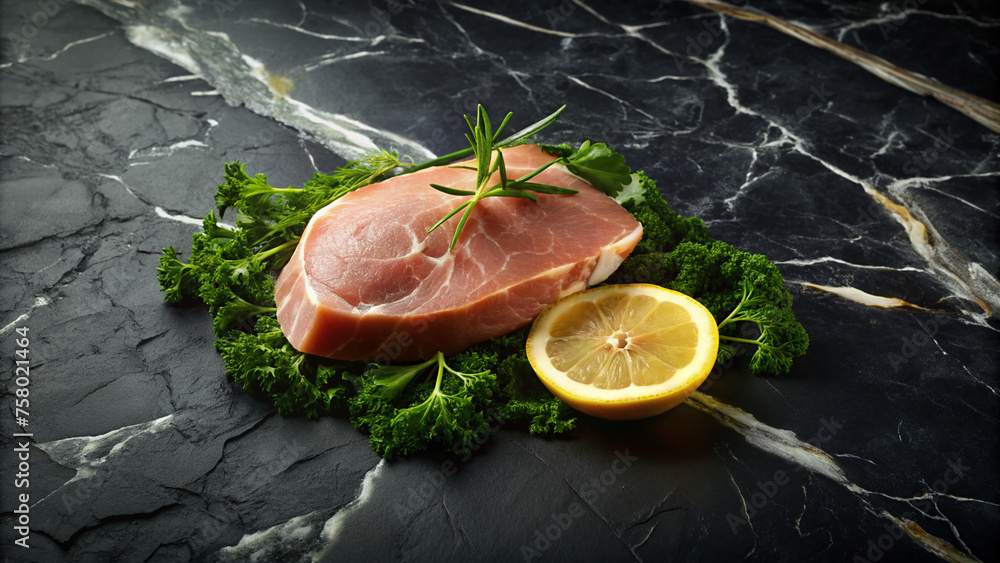 Smoked Ham Slice with Lemon and Parsley on Dark Slate Board
Smoked Ham Slice with Lemon and Parsley on Dark Slate Board