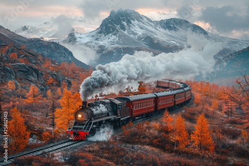 Majestic old steam locomotive making its way through vibrant autumnal forest with snowy mountains backdrop photo