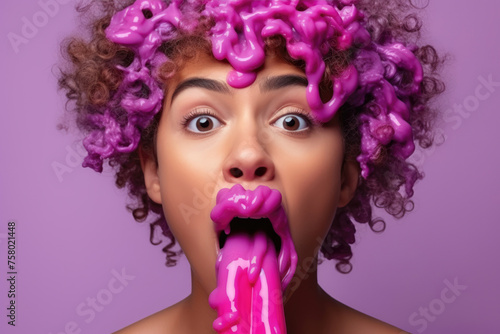 Surprised woman with purple dripping hair effect, wide eyes, on a lavender background, embodying creativity and shock.