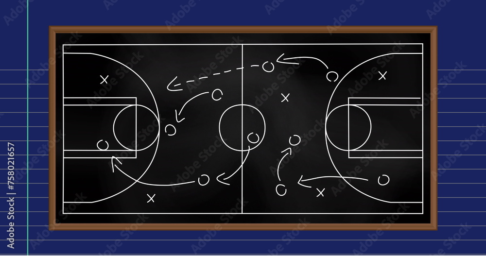 Image of football game strategy plan against blue lined paper background