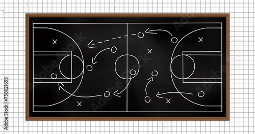 Image of football game strategy drawn on black chalkboard against squared lined paper background