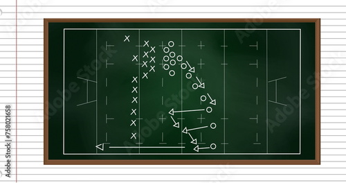 Image of football game strategy drawn on green chalkboard against white lined paper background
