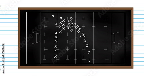 Image of football game strategy drawn on black chalkboard against white lined paper background
