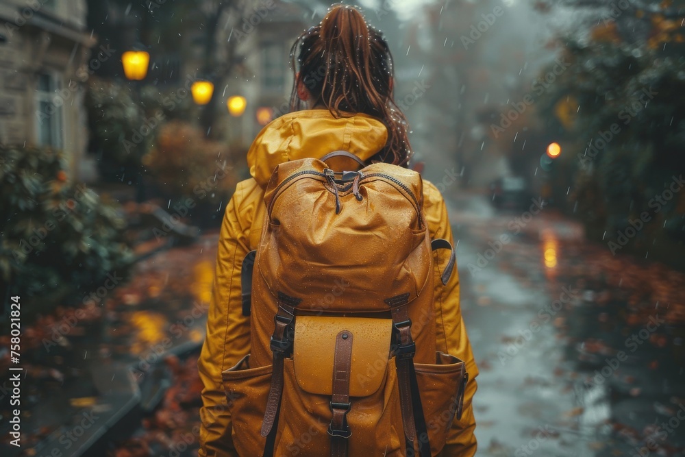 A female figure clad in a yellow rain jacket is viewed from behind on a rain-soaked street, evoking a moody atmosphere A female figure clad in a yellow rain jacket is viewed from behind on a rain-soaked street, evoking a moody atmosphere