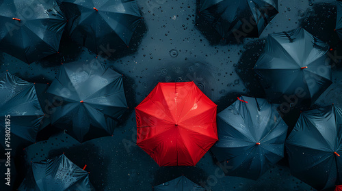 top view of black umbrellas cover the street and one red umbrella in the middle for differentiation business