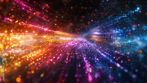 Formulate an energetic array of pixel streams in a spectrum rush on a dark field