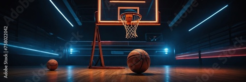 A basketball on the court in neon lighting. There will be an aggressive GAME!