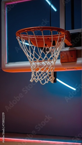 A basketball on the court in neon lighting. There will be an aggressive GAME! © Sahaidachnyi Roman