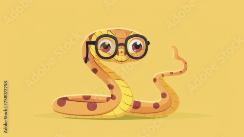 Illustration in flat style, A cute little snake wearing glasses posed against a studio background © Somvang