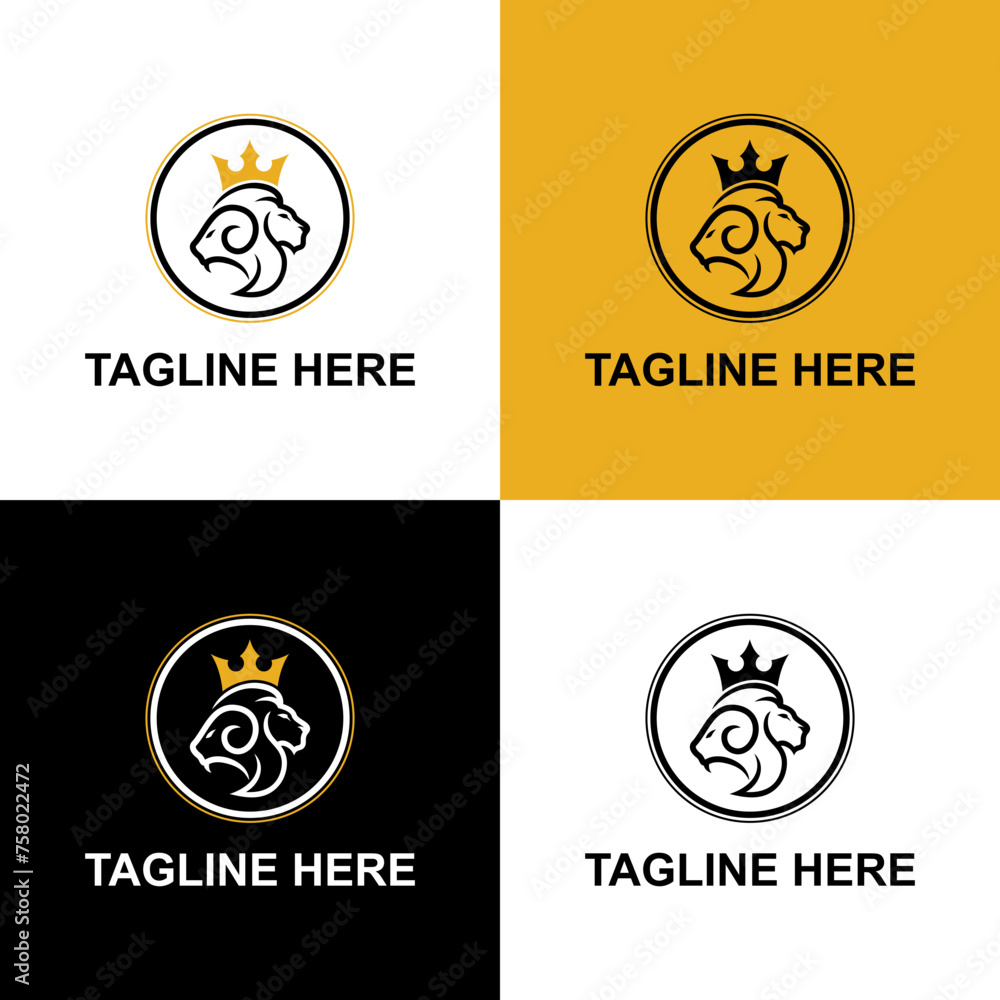 lion head and goat head logo design with crown. black, yellow and white