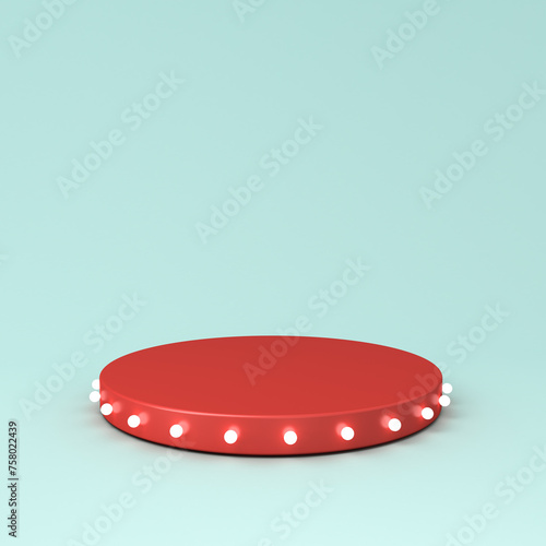 Modern minimal red product podium stand with retro neon light bulbs isolated on light green blue pastel color background with shadow 3D rendering