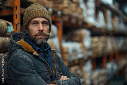 Bearded man in a hat and jacket stares confidently in a warehouse