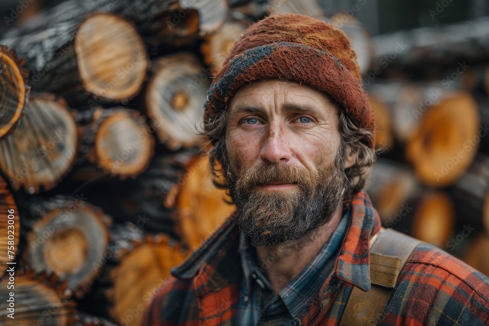 Portrait of a bearded man in a warm hat and checkered shirt standing by large logs