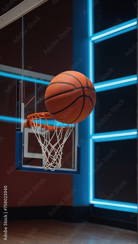 A basketball on the court in neon lighting. There will be an aggressive GAME!