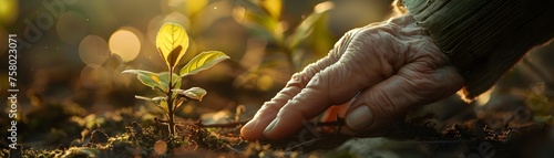A hand is touching a plant in the dirt. The plant is small and green. The hand is gentle and careful as it touches the plant. Concept of care and nurturing towards nature